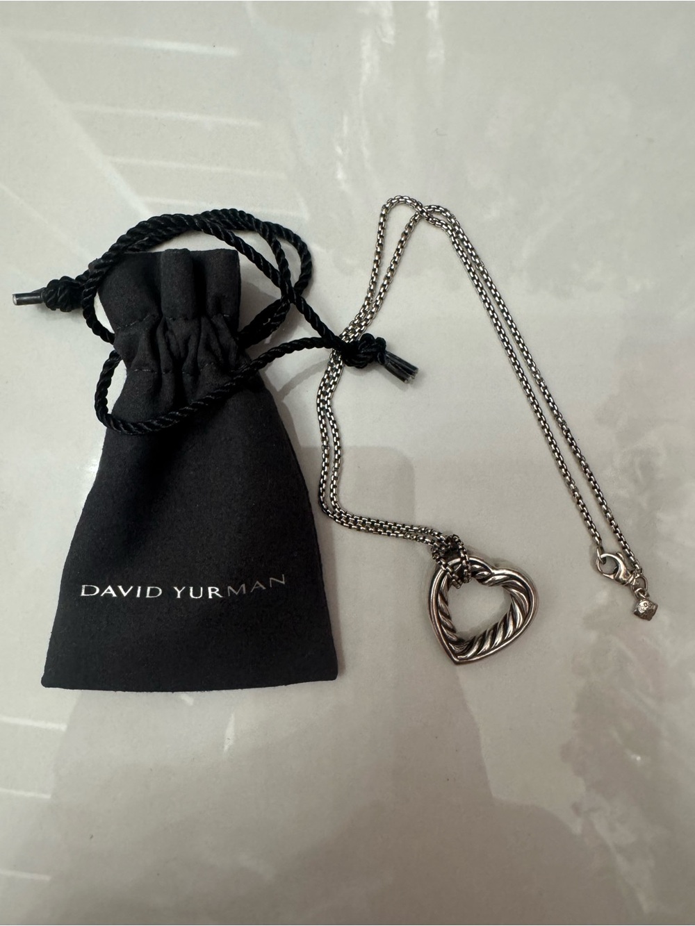 Authentic David Yurman Silver-Tone Twisted Heart Necklace with Black Pouch